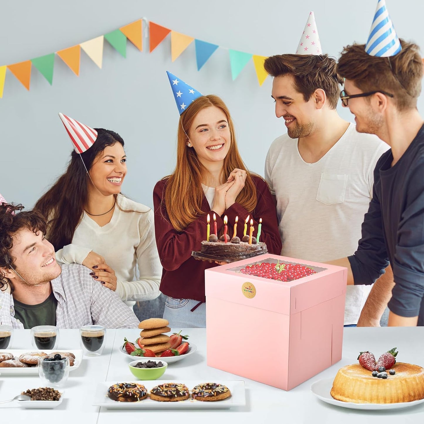 12Pcs Cake Boxes, 12x12x12 Inches Tall Cake Boxes with Window, Pink Square Disposable Cake Carrier Container for Multi-Layer Cakes Birthday Party Wedding Bakery Boxes