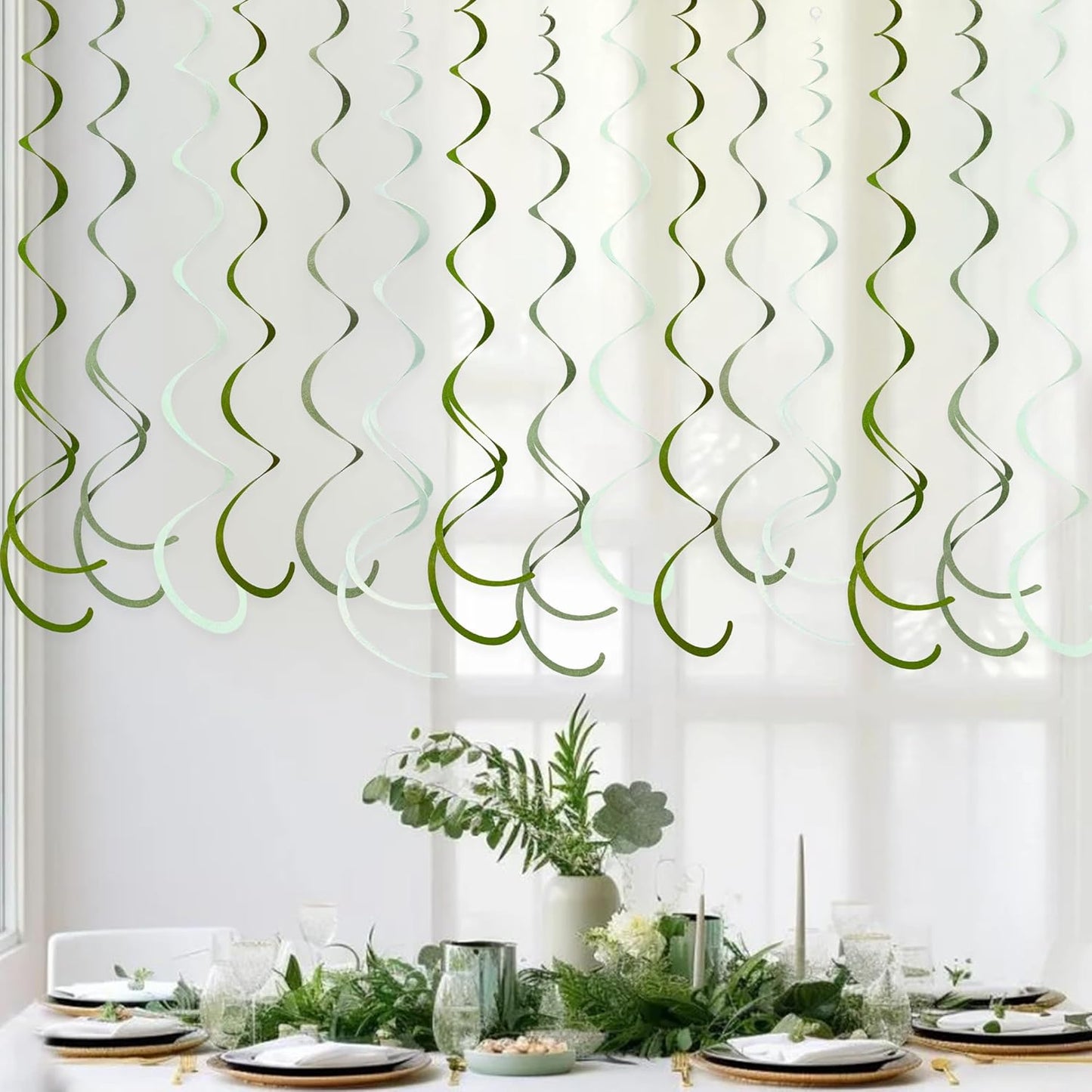 36Pcs Olive Green Hanging Swirl Decorations Ombre Sage Green Felt Swirl Streamer Spiral Ceiling Garland for Neutral Baby Shower Birthday Wedding Engagement Safari Jungle Woodland Party Supplies