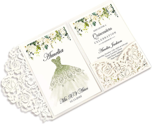 DORIS HOME 50pcs Laser Cut Quinceanera Invitations Green and Ivory White, 4.7x7.1 Personalized Quince Invitations for 15th Birthday, Invitation cards for Sweet 16 with Envelopes