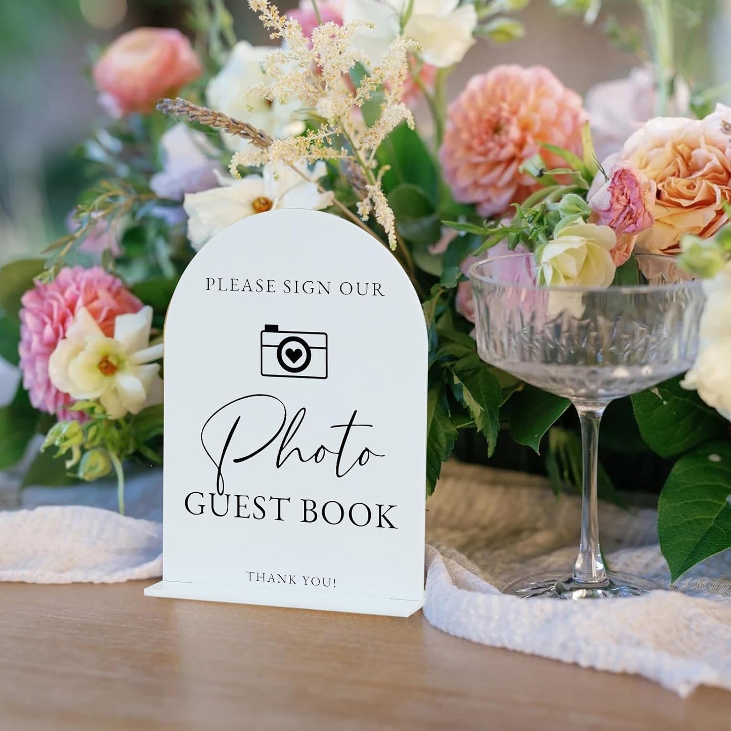 Acrylic Photo Guestbook with Stand- 5"x7" White Arched Wedding Sign and Base,1/8" Thick | Modern Calligraphy Black Lettering Arch Acrylic Sign for Wedding Reception & Party(5x7Inch, White)