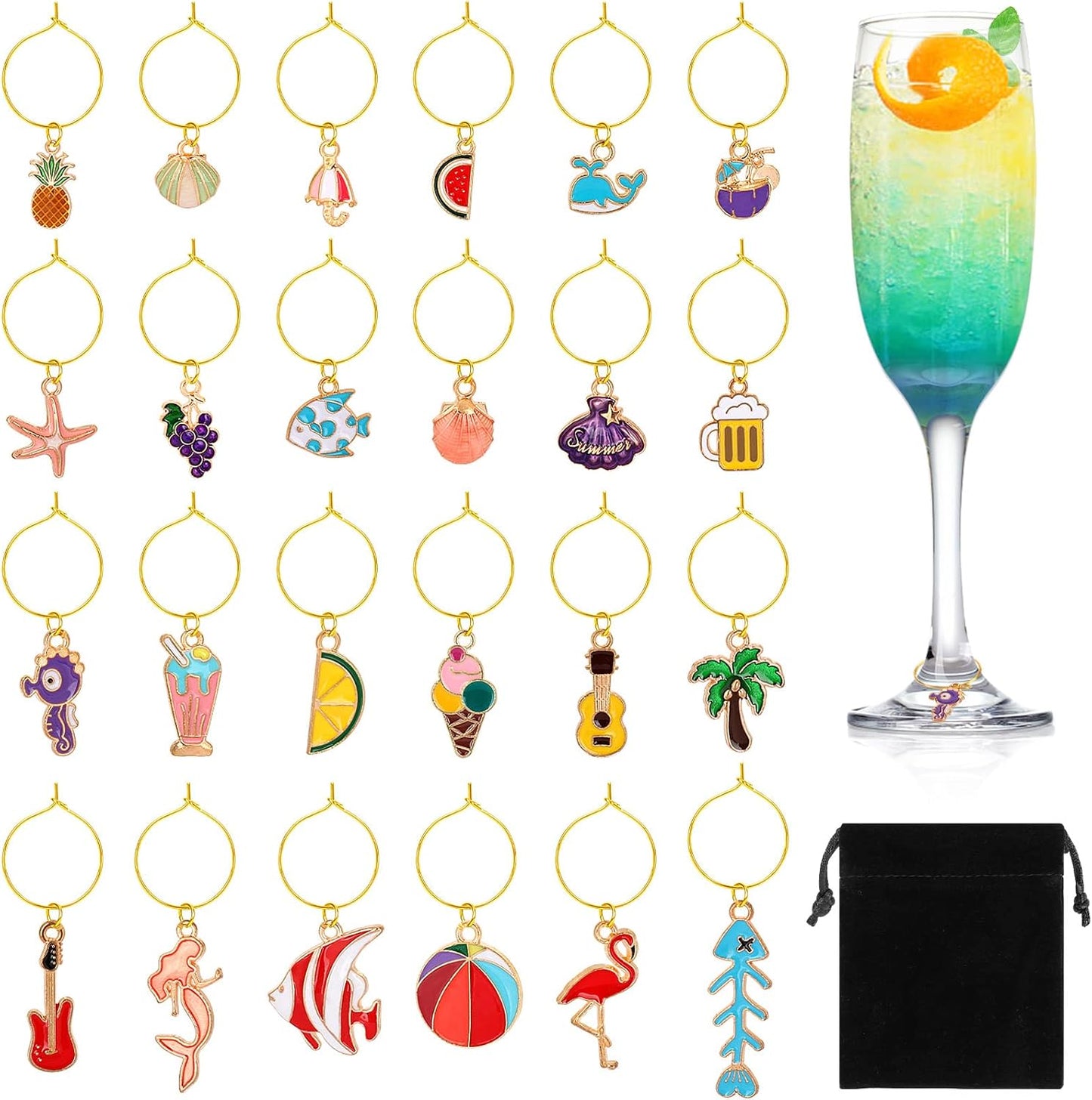 SANNIX 24pcs Wine Glass Charms - Identifier Tags for Stem Glasses - Funny Charms for Summer Christmas Wine Tasting Party Decorations