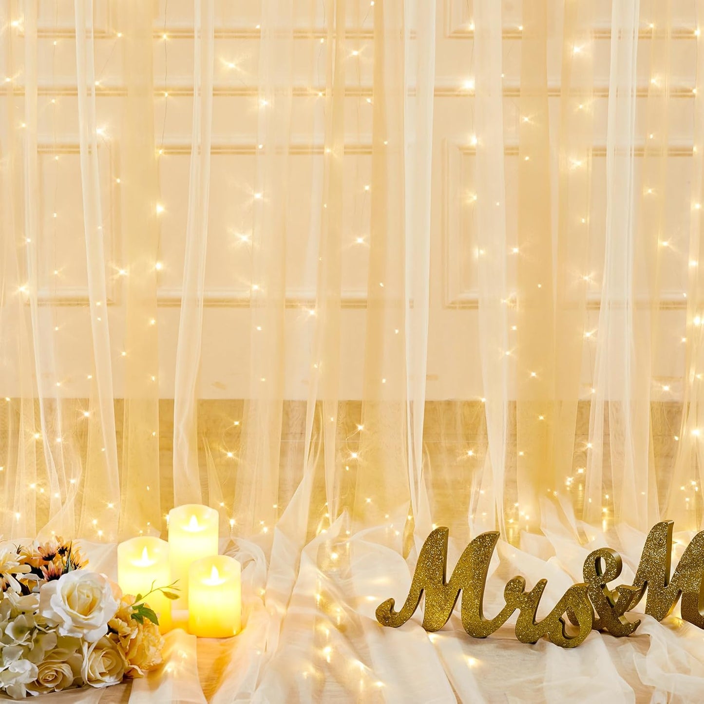 20x8ft Champagne Tulle Backdrop Curtains with Lights for Party Wedding Baby Shower, Sheer Drape Backdrop Curtains for Birthday Party Photo Booth Background Decoration