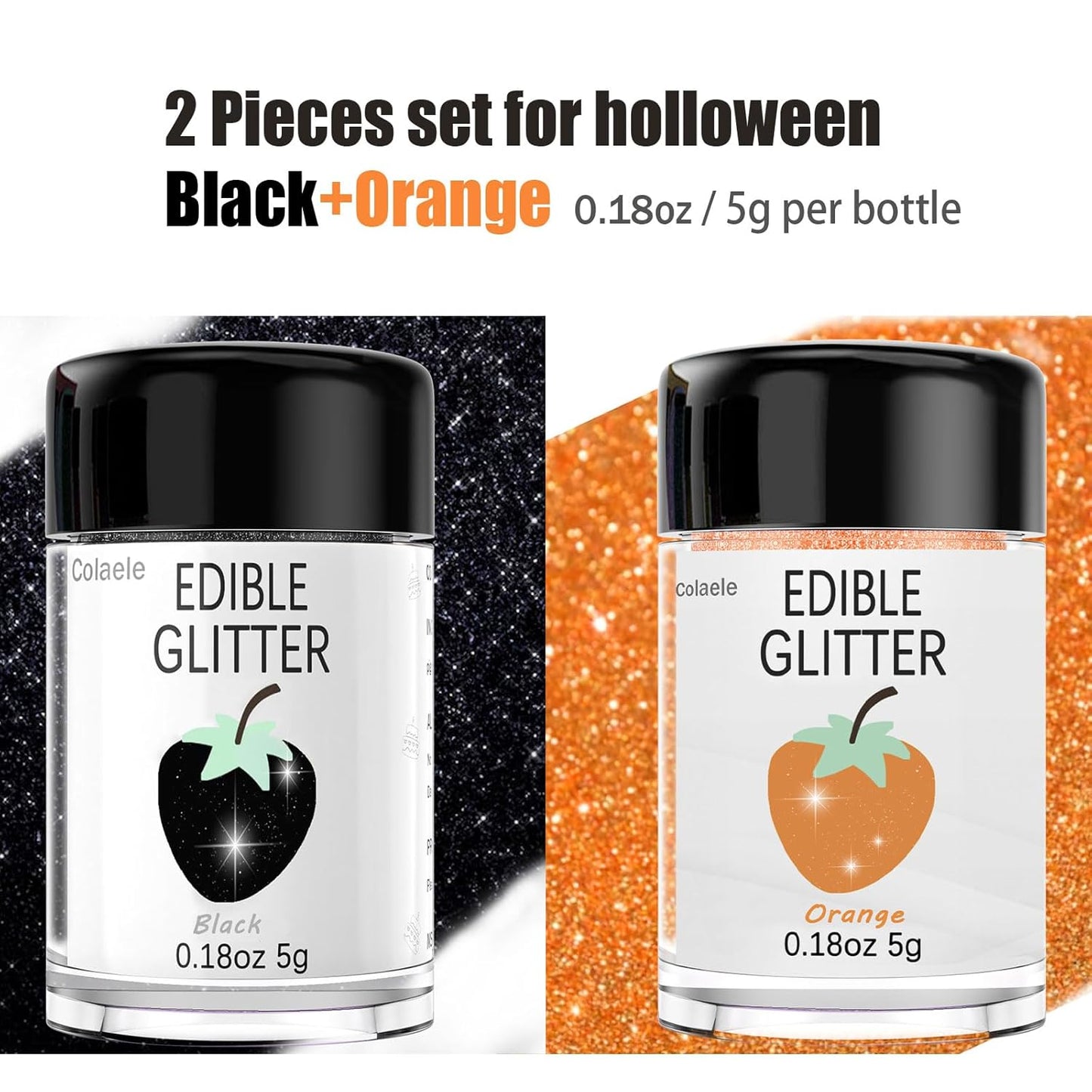 Orange Edible Glitter Black Glimmer Powder for Halloween Cakes Drinks, Colaele Edible Glitter Set Food Grade Luster Dust Metallic Food Decorating Sprinkle for Cake Cookies Decorations,Vegan, 5g/Jar