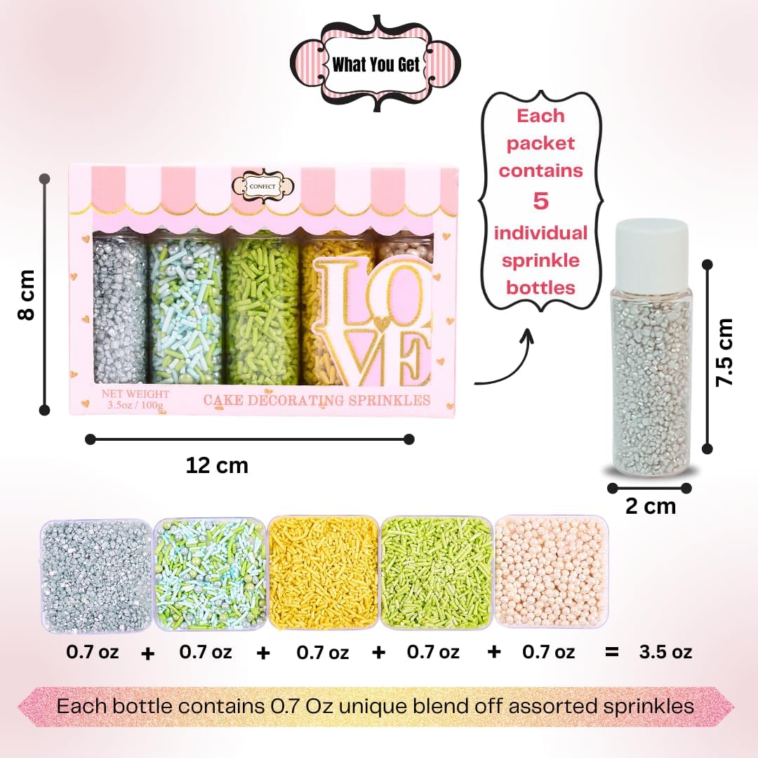 Confect Edible Sprinkles for Cakes & Cupcakes Decoration Assorted pack of 5 Summer Fun Sprinkles Mix White Dragees Green Yellow Blue Jimmies Silver Sparkling Sugar | Vegan, Gluten-Free, Nut-Free, Soy-Free, Dairy-Free, Palm Oil-Free - 5 Oz