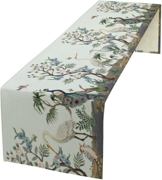 Peacock Table Runner,Retro Chinese Peonies Flowers Peacock Table Runner for Home Kitchen Dining Party Indoor Outdoor Decoration 13x70 Inch
