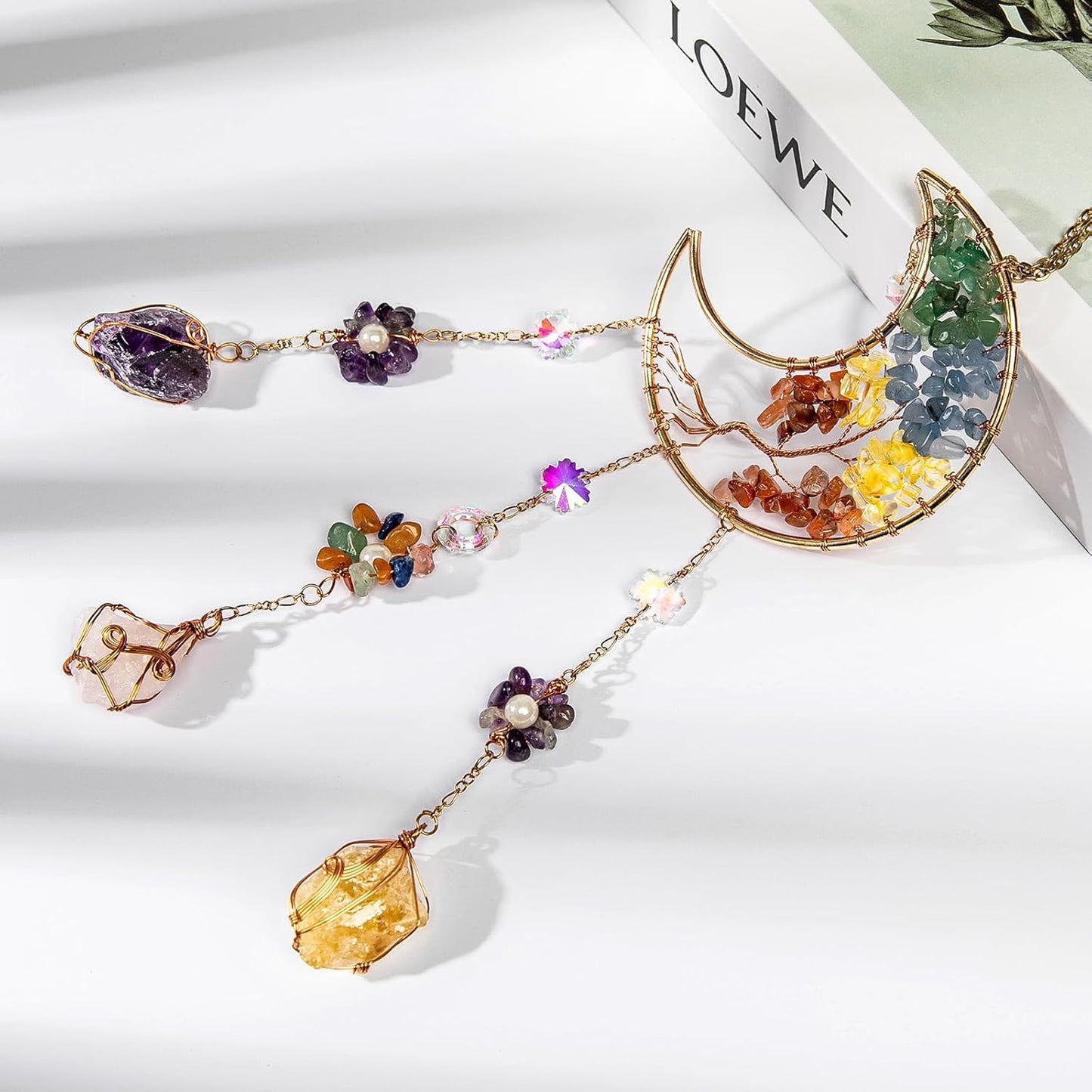 TUOKING Colorful Crystal Moon Suncatchers for Window Hanging Tree of Life Natural Healing Stones Wind Chimes Sun Catcher Rainbow Maker Good Luck Gifts Decor for Home Garden