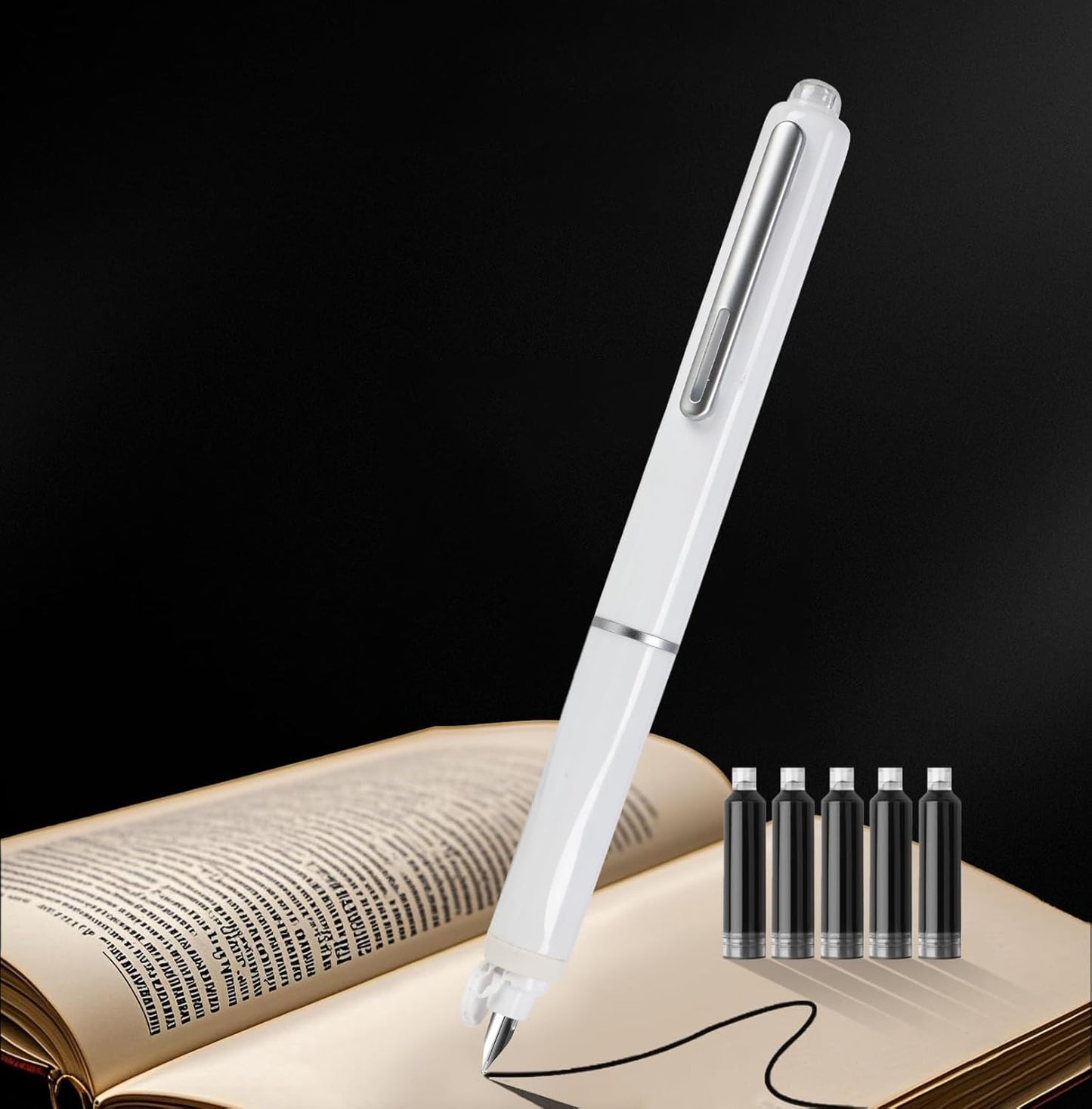Retractable Fountain Pen Set, Click Fountain Pen Fine Nib, Capless Fountain Pen, Click-to-Write Pen with 5 Black Ink Cartridges, for Writing Journaling Sketching Drawing Calligraphy White