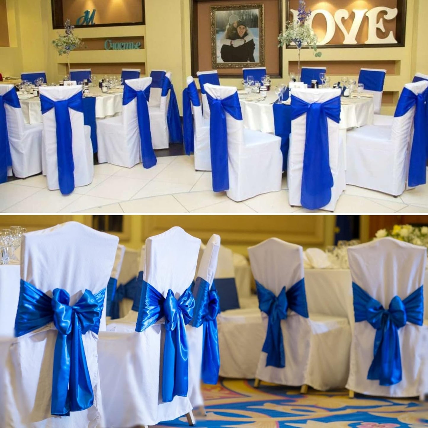 100 PCS Satin Chair Sashes Decorative Bow Satin Chair Sashes Ties Back Ribbon Bows Chair Cover Band for Wedding Party Ceremony Reception Events Banquet Restaurant Kitchen Decor(7X108inch,Royal Blue)