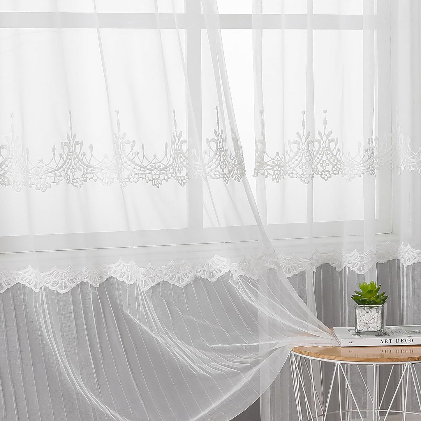 VISIONTEX White Sheer Voile Curtains, Decorative White Embossed European Rod Pocket Window Drapes for Home Kitchen, Living Room and Bedroom 54 x 84 Inch, Set of 2 Curtain Panels