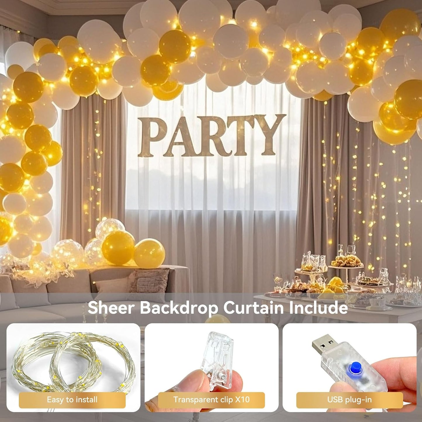 Ledido 10×8ft Tulle Backdrop Curtains with Lights String - 300LED Fairy Lights Sheer Curtain Backdrop for Weddings Baby Shower and Birthday Party Decorations(6 Panels 5×8ft)