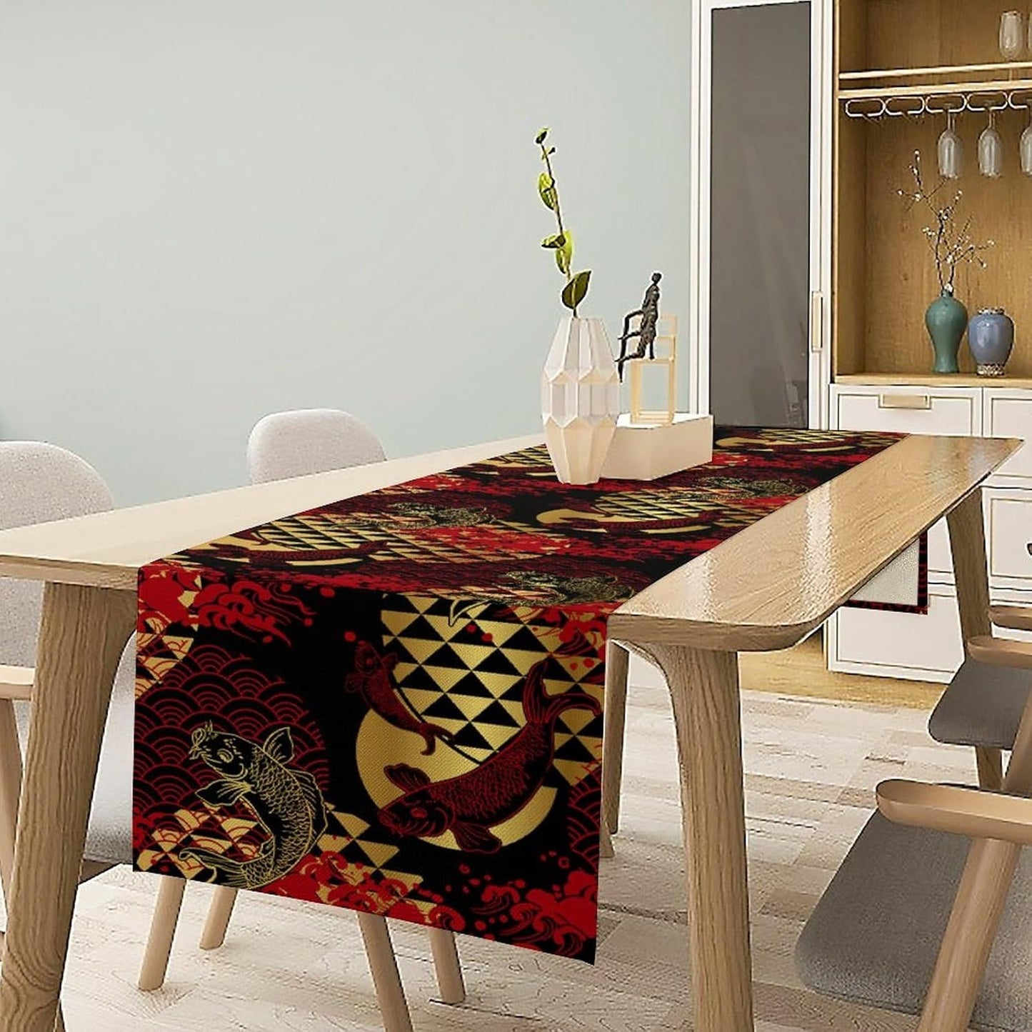 Japanese Table Runner Oriental Tradition Kio Fish Red Art Printed Burlap Runner Home Kitchen Dining Table Living Room Decor Fabric 1 Panel W13xL120in