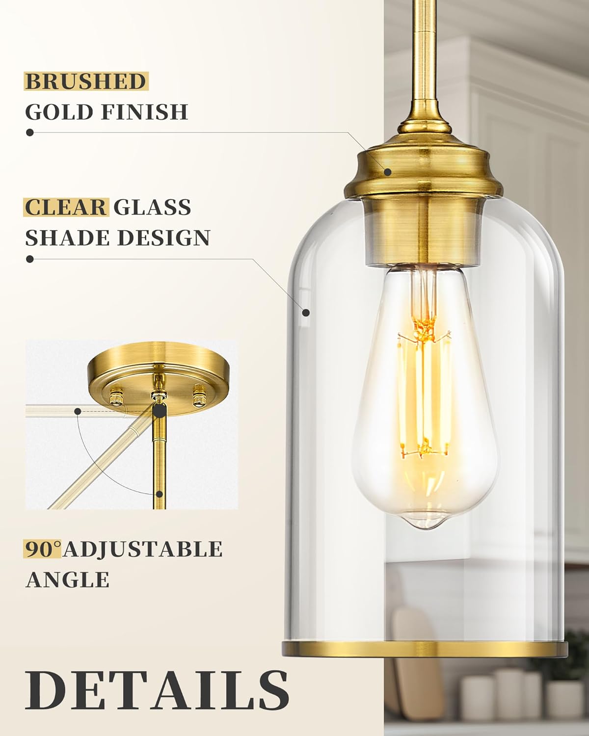 LIROUVET 2 Pack Pendant Lights, Vintage Hanging Lights, Brushed Gold Pendant Lights Kitchen Island with Clear Glass, Pendant Lighting for Dining Room PL02 CLBG-2PK