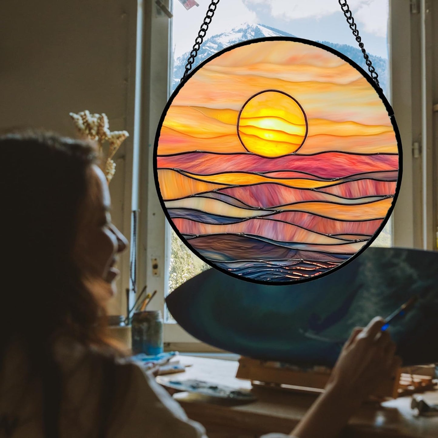 Stained Glass Window Hanging, Orange Sunrise Suncatcher Diamond Glass Panel Hangings Scenery Sun Catchers Decor for Birthday for Women, Men, Wife, Aunt, and Mom 7.8 in