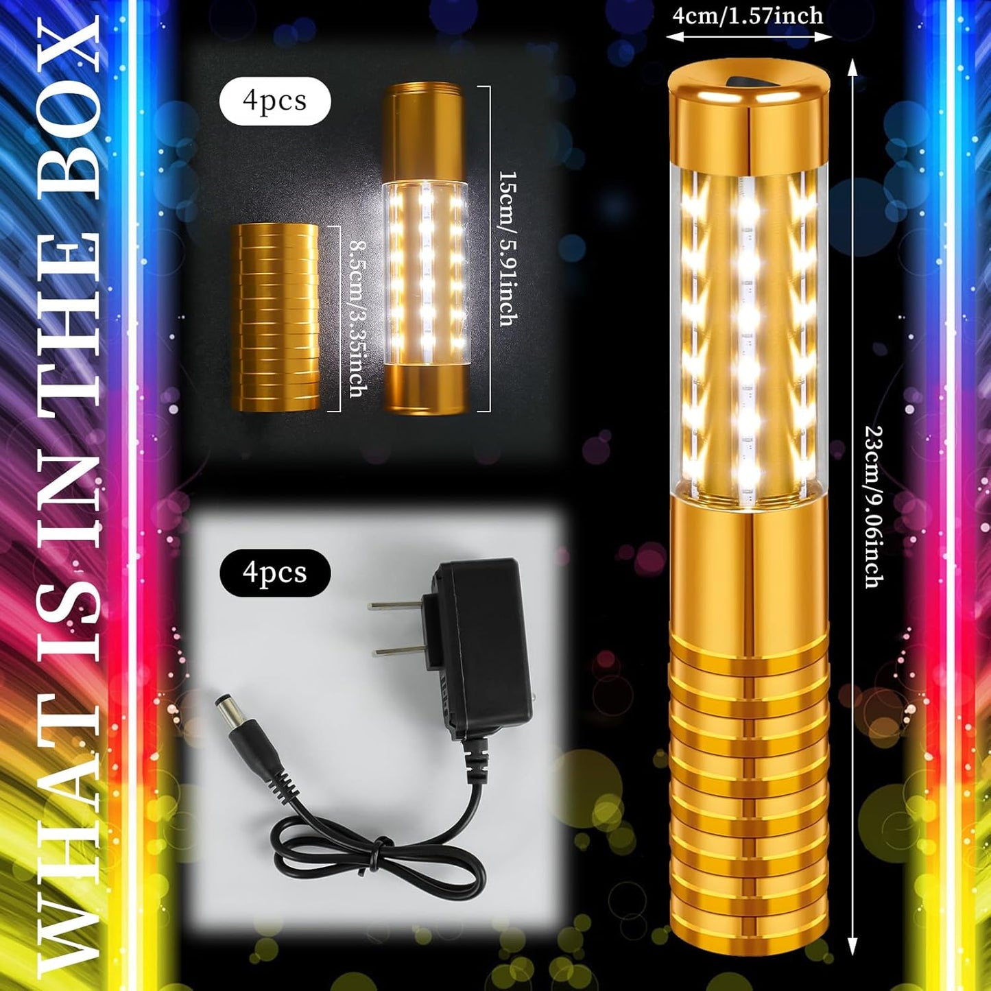 4 Pieces LED Strobe Baton Light Rechargeable Bottle Service Sparklers Stick Reusable Champagne Bottle Handheld LED for Club Stage Nightclub Party Concert Event Bar Outdoor - Gold