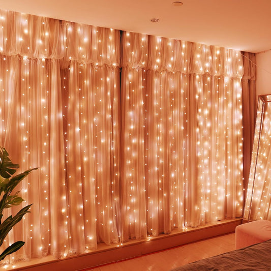 HXWEIYE 300LED Fairy Curtain Lights, 9.8x9.8Ft USB Plug-in 8 Modes Christmas String Hanging Lights with Remote for Bedroom Backdrop Wedding Party Indoor Wall Decor, Orange