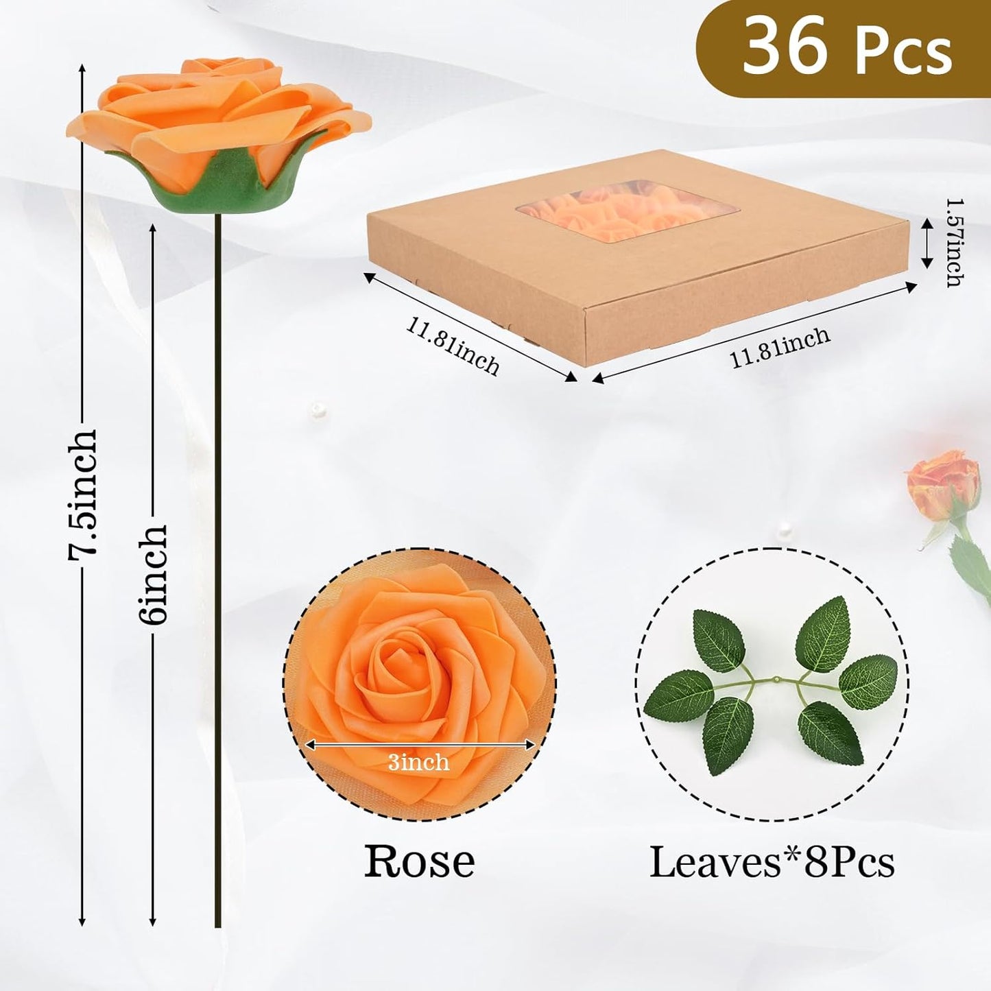 BLEUM CADE 36Pcs Artificial Flowers Fake Roses with Stems, Orange Boxed Foam Roses for DIY Bouquets Centerpieces Wedding Party Arrangement Bridal Shower Decor