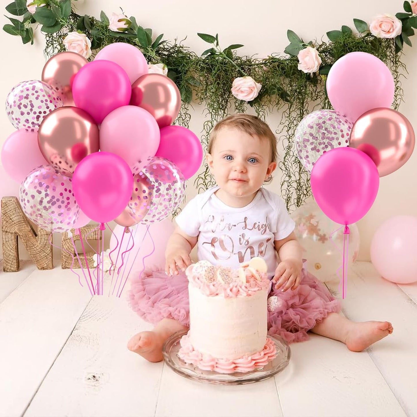 Patimate Hot Pink Balloons Set, 50 pcs 12 inch Metallic Rose Gold Hot Pink Pastel Pink Purple Confetti Latex Balloons Kit for Birthday Baby Shower Wedding Princess Party Decorations