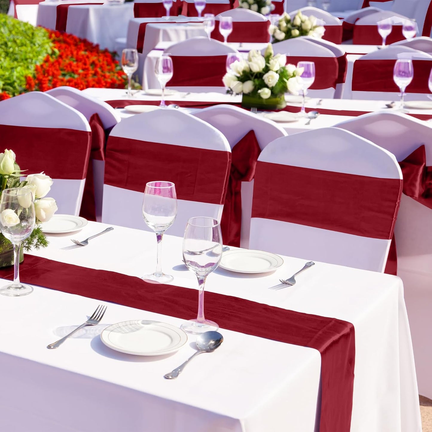 Aneco 12 Pack Satin Table Runner 12 x 108 Inch Burgundy Long Wedding Satin Silk Table Runner for Wedding Banquet Graduations Birthday Party Decoration