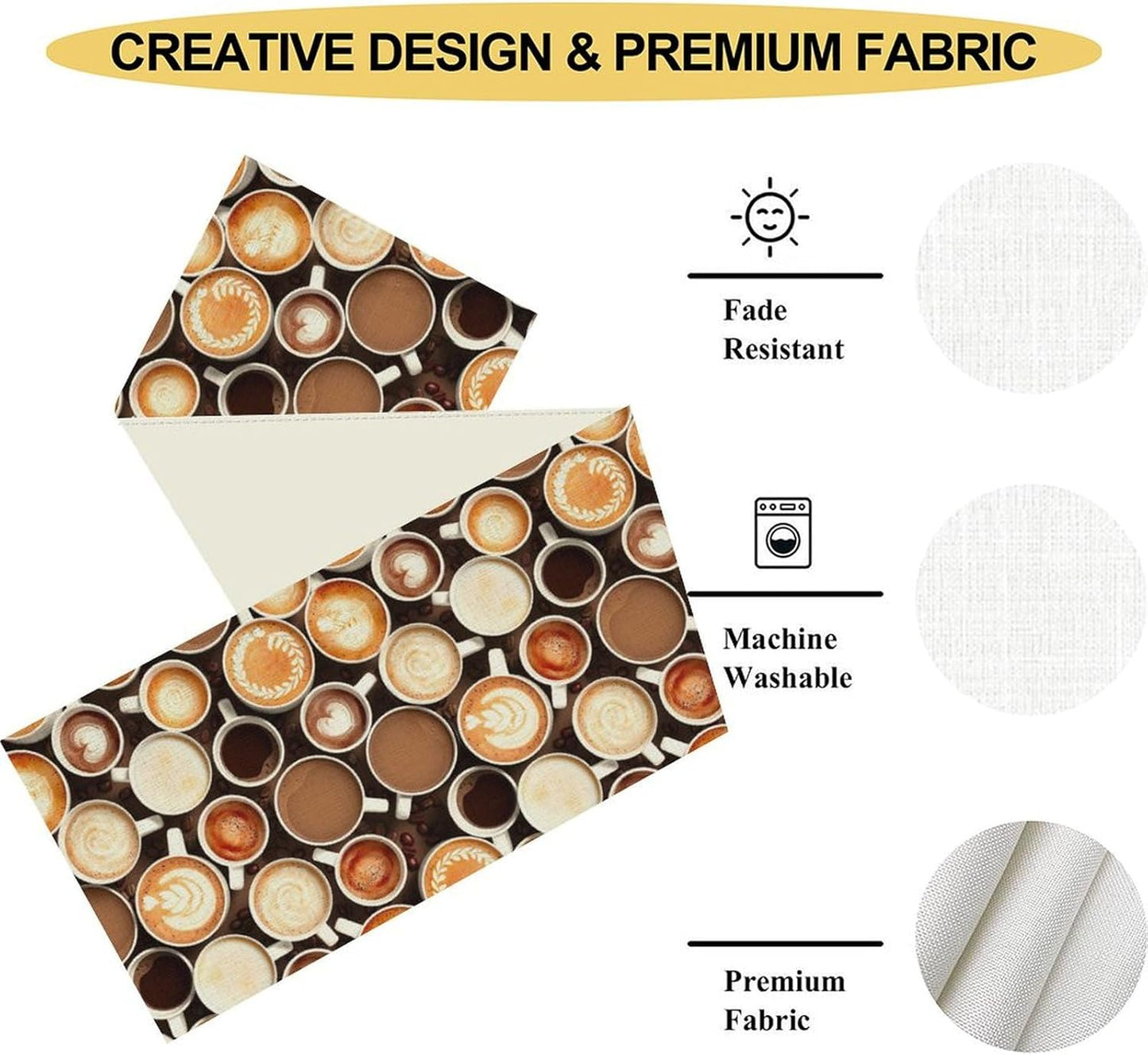 Coffee Theme Table Runner, Farmhouse Coffee Cup Latte Cappuccino Tea Party Rustic Cafe Table Center Decor for Home Kitchen Dining Patio Holiday Party Indoor Outdoor Table Decorations,13"x90" Inch