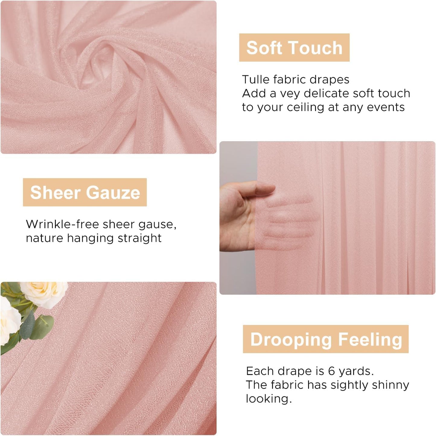 Wokceer Blush Wedding Arch Draping Fabric Backdrop 4 Panels 28.7" X 20FT Sheer Drapes Fabric for Wedding Arbor Ceremony Party