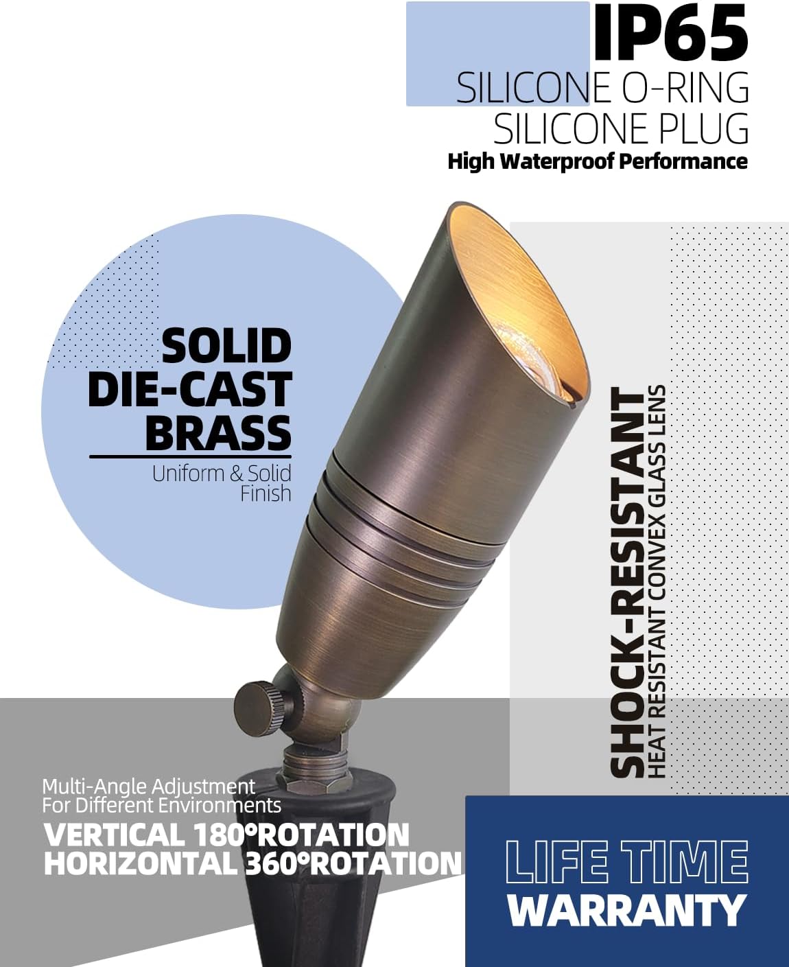 MALORY Brass Landscape Spotlights 1-Pack with MR16 Bulb(S02), 12V Low Voltage Landscape Lighting LED Outdoor Spot Uplights for House and Tree,PVC Ground Stake and Wire Connector Included, 5W 2700K