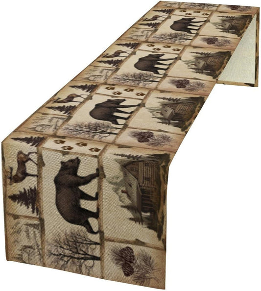 Rustic Cabin Table Runner, Retro Moose Cone Deer Bear Farmhouse Lodge Table Runner for Dinner Living Room Kitchen Vintage Country Cottage 13x108 Inch
