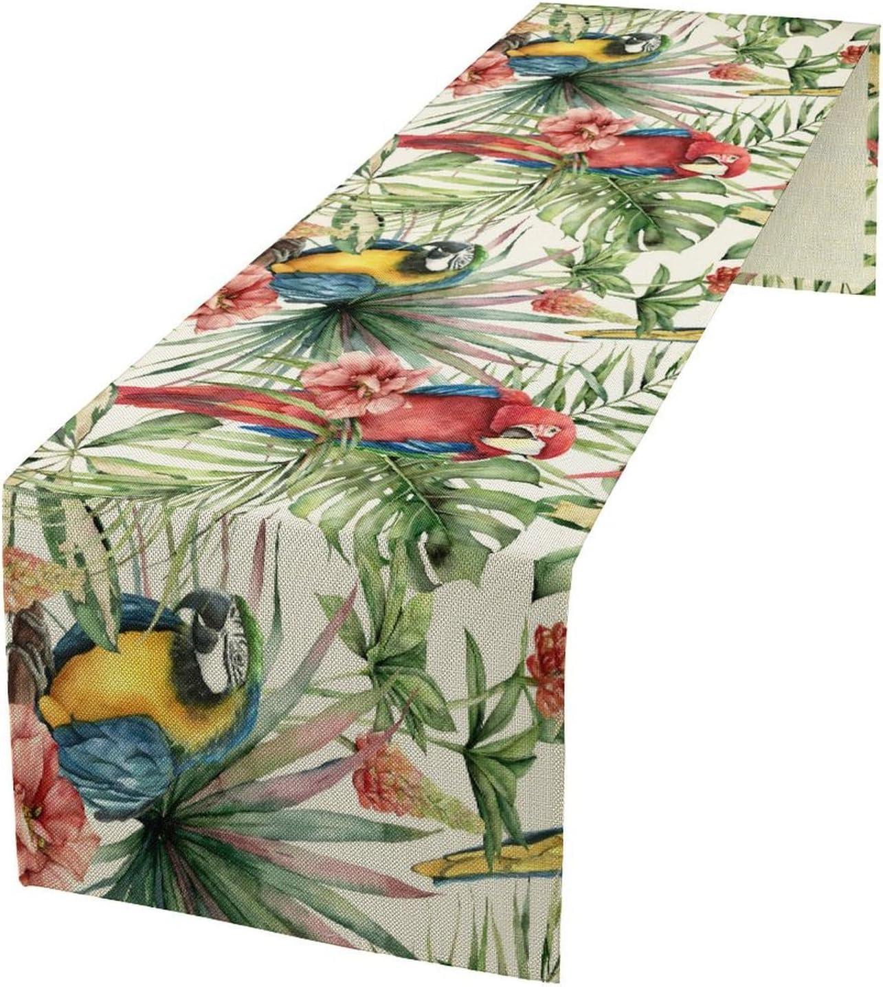 Parrot Table Runner,Tropical Palm Leaf Colorful Macaw Bird Watercolor Print Tablecloth Burlap for Hotel Indoors Outdoor Dining Room Kitchen Home Decor,W13X L108 in
