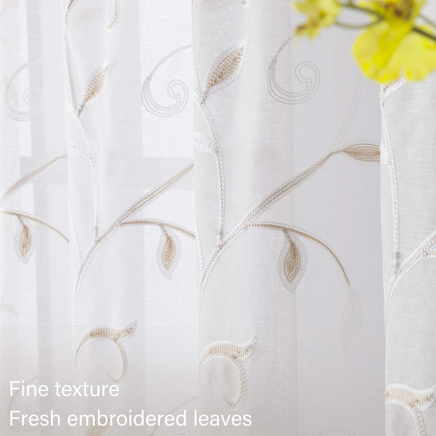 VISIONTEX White Sheer Voile Curtains, Decorative Beige Leaves Embroidery Faux Linen Rod Pocket Window Drapes for Home Kitchen, Living Room and Bedroom 54 x 63 Inch, Set of 2 Curtain Panels