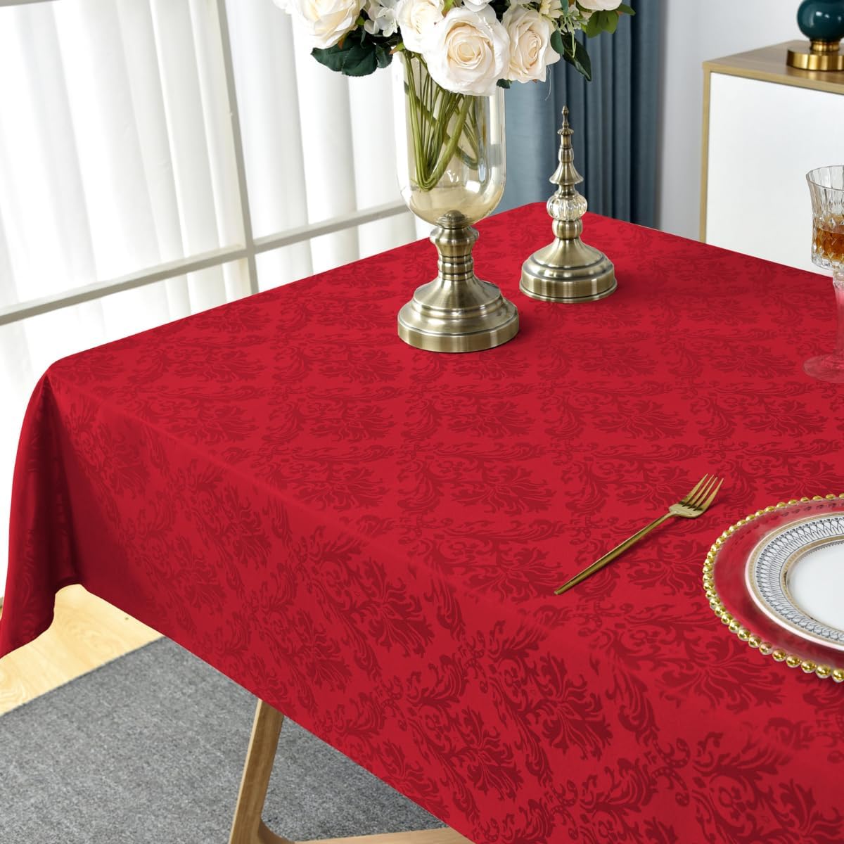 SASTYBALE Rectangle Jacquard Tablecloth, Damask Table Cloth SpillProof Wrinkle Resistant Tablecloths, Soft Polyester Oblong Table Cover for Kitchen, Dinner, Parties (Red, 60X84)