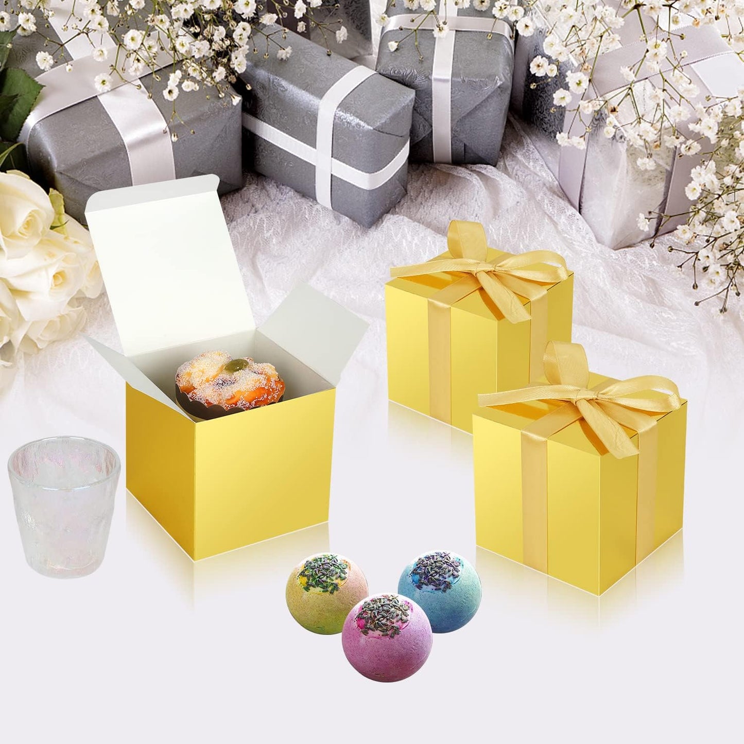 100 Pack Small Gift Boxes, 3x3x3 Inches Favor Boxes Gold Paper Gift Boxes with Lids for Presents, Crafting, Cupcake Boxes, Gifts, Candy Boxes for Wedding Party Bridal Shower Baby Shower Favors