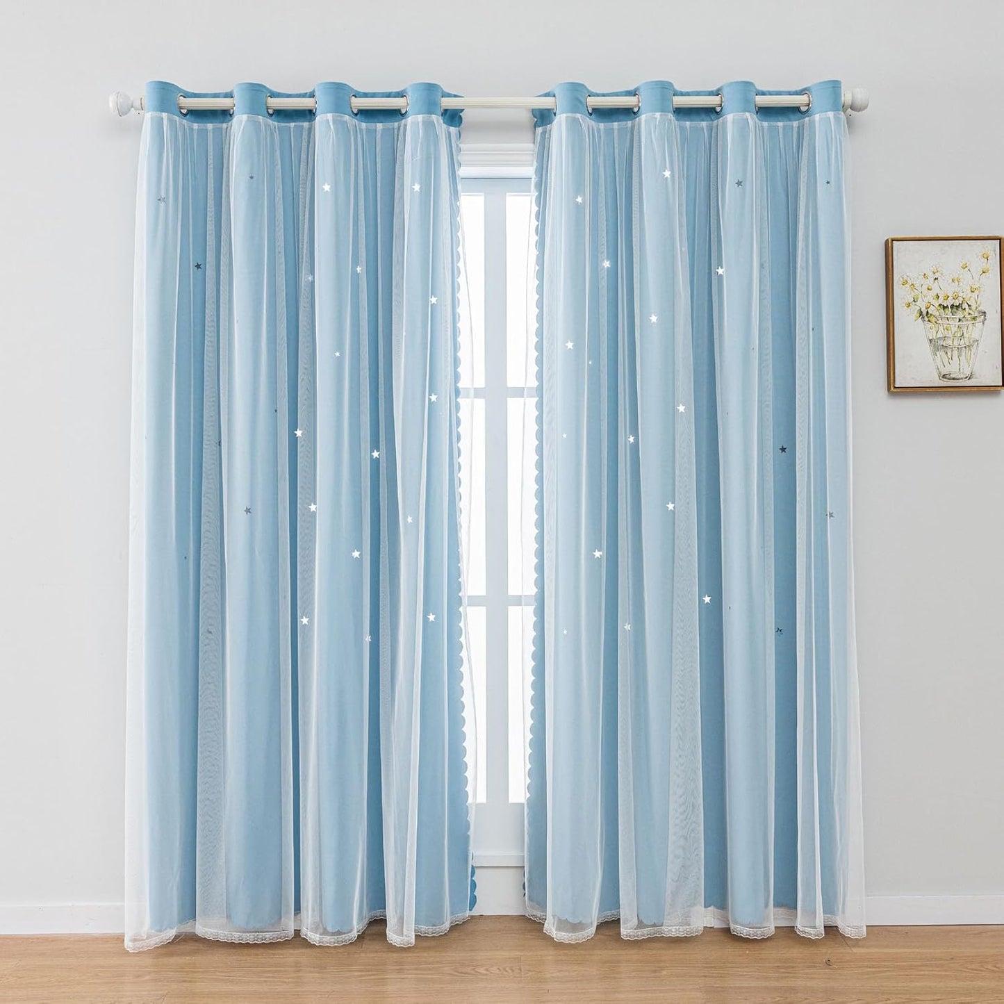 FANLI 2 Panels Star Blackout Curtains for Kid Girls Bedroom Living Room Darking Stripe Double Layer Star Cut Out Wall Home Decor Gradient Grommet Window Curtains (Blue 95L)