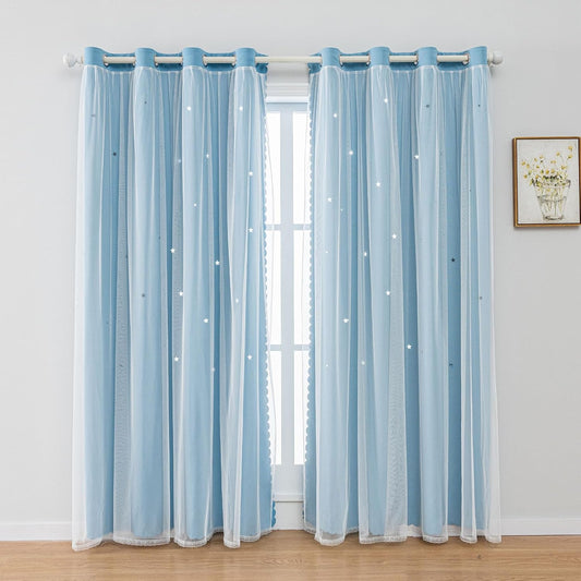 FANLI 2 Panels Star Blackout Curtains for Kid Girls Bedroom Living Room Darking Stripe Double Layer Star Cut Out Wall Home Decor Gradient Grommet Window Curtains (Blue 95L)