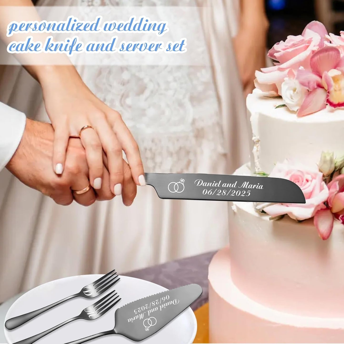 Personalized Wedding Cake Knife and Server Set, Custom Names Cake Cutting Set with Stainless Steel Forks, Customized Bridal Anniversary Birthday Wedding Registry Gifts (Black)