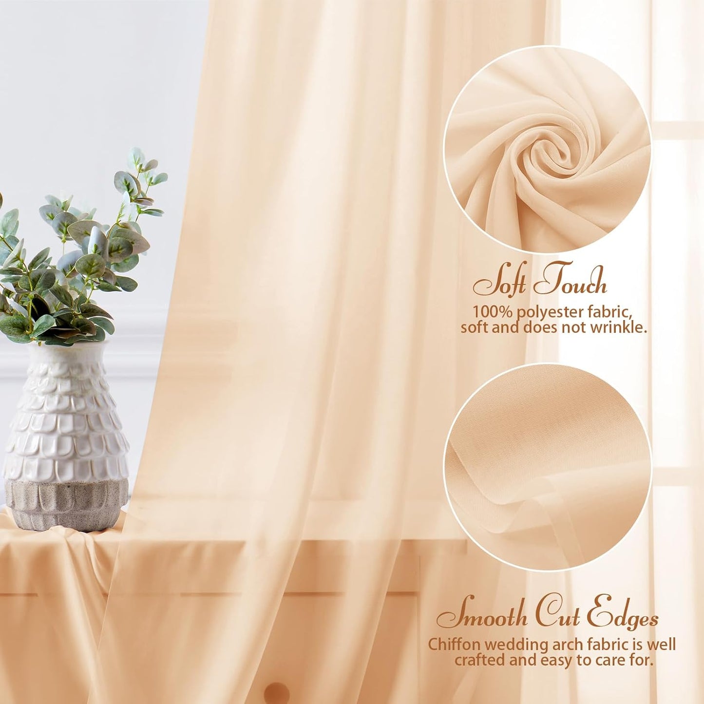 SiinvdaBZX 4 Panels Wedding Arch Draping Fabric 30" x 20Ft Champagne Sheer Chiffon Fabric Outdoor Extra Long Decorative Drapery for Party Ceremony Ceiling Curtain Backdrop