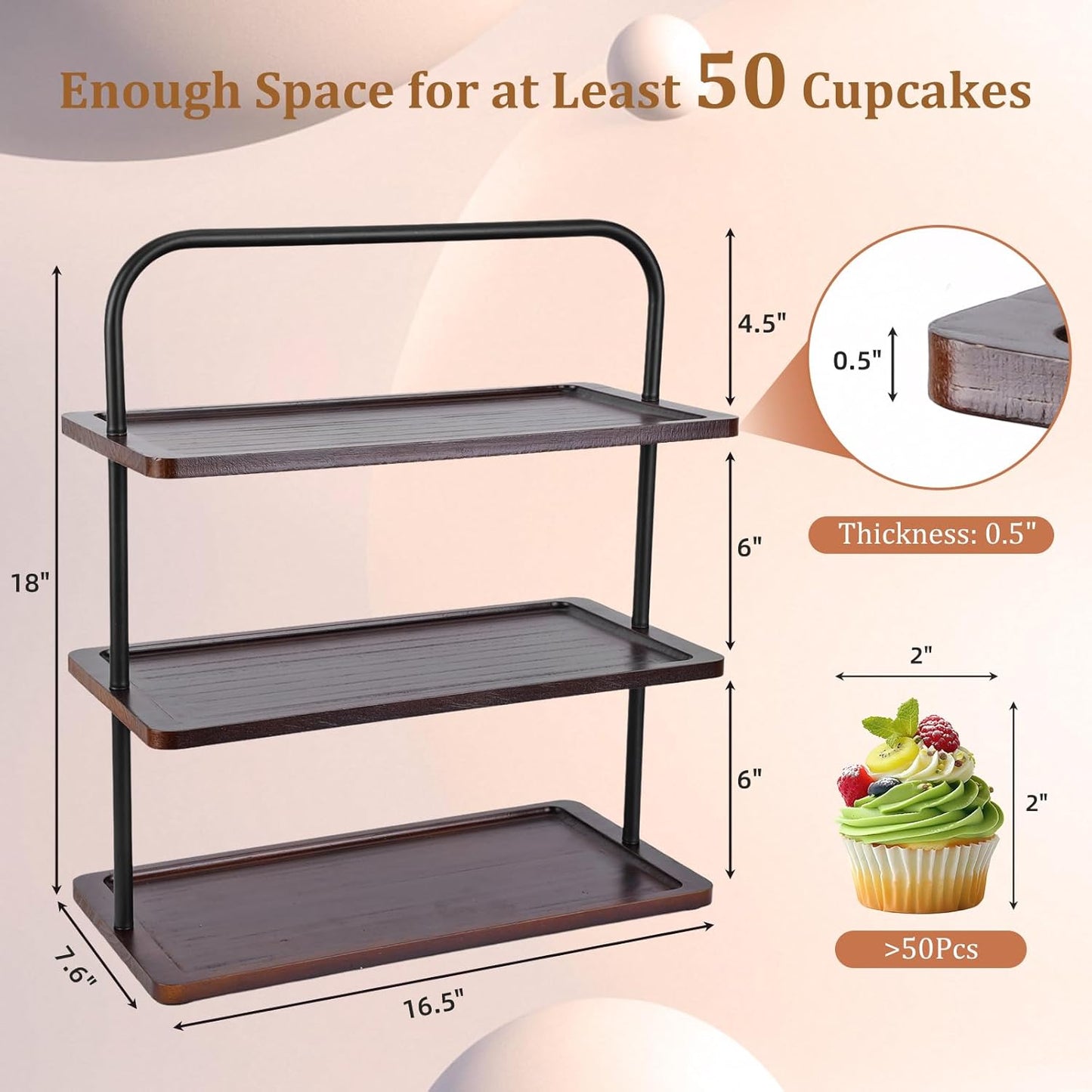 Solid Hardwood Cupcake Stand (Not Medium Density Fiberboard/Plywood), Raised Edges for 50 Cupcakes, 3 Tier Wooden Dessert Holder for Party, Woodsy Rustic Tower for Decor/Wedding/Birthday