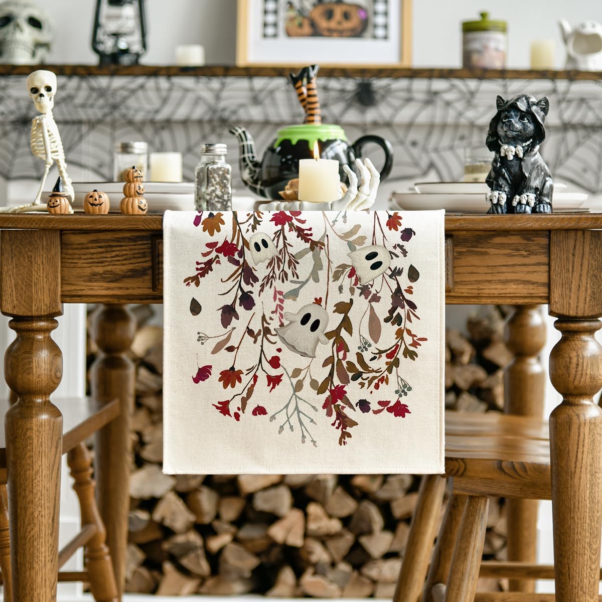 Artoid Mode Ghost Flowers Leaves 210 GSM Halloween Table Runner,Seasonal Fall Kitchen Dining Table Decoration for Home Party Decor 13x60 Inch