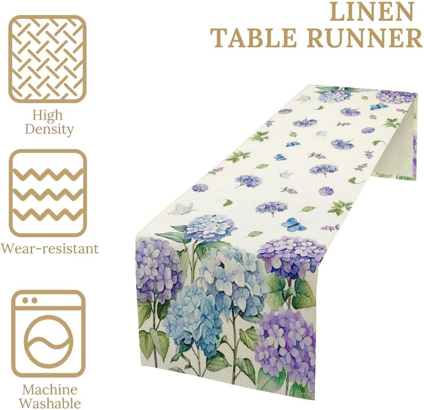 Spring Hydrangea Flower Table Runner, Seasonal Summer Plants Watercolor Florals Butterfly Dinner Runner for Home Kitchen Dining Table Party Holiday Decoration 13"x120"