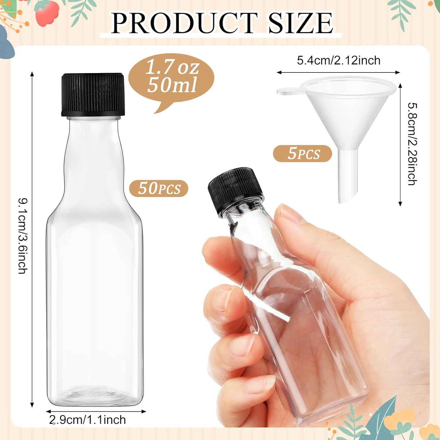 Havawish 50 Pack 1.7 oz Square Mini Liquor Bottles with Funnels and Black Plastic Caps Reusable Airtight Empty Plastic Alcohol Shot Bottles for Birthday Wedding Baby Shower Party Favors