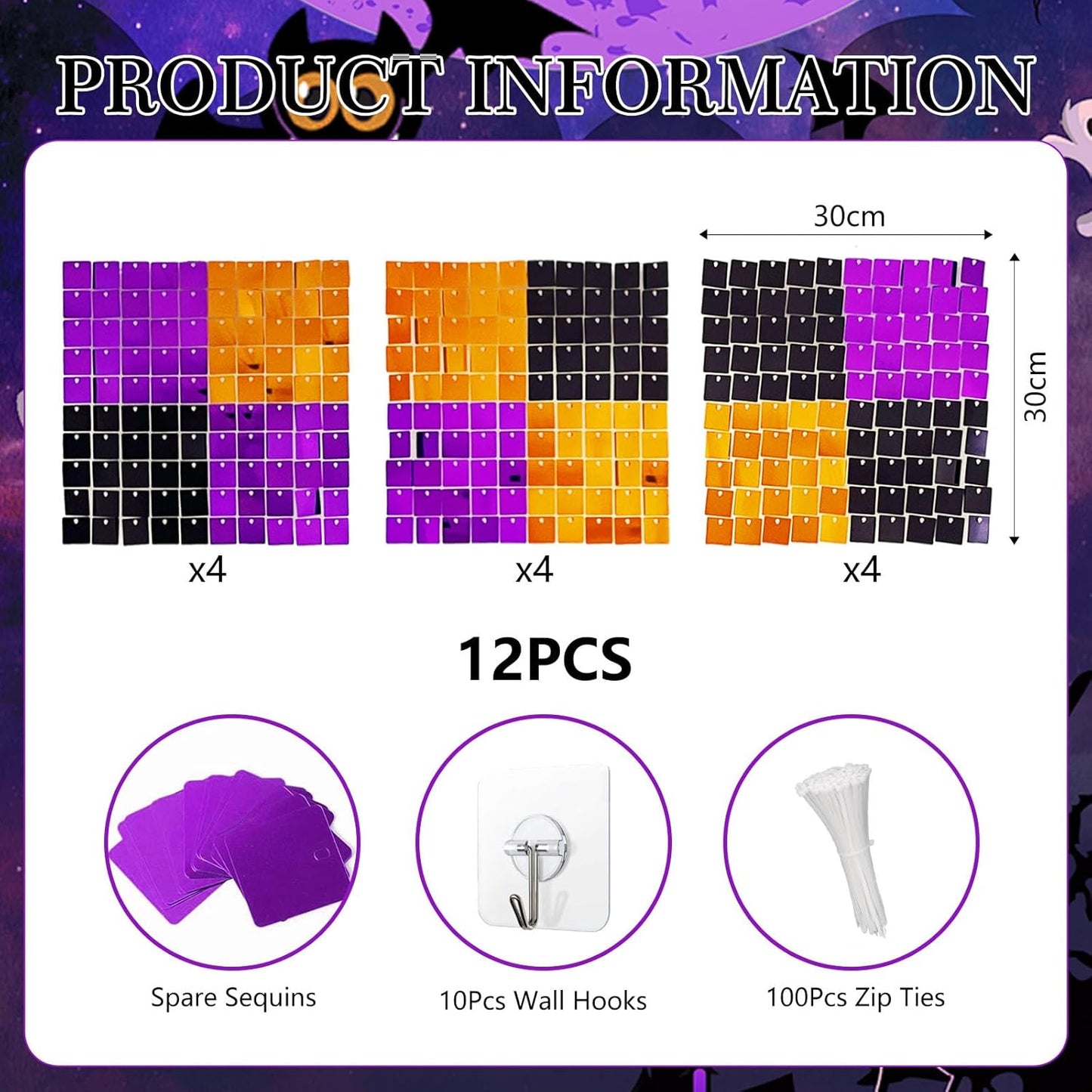 12PCS Black Orange Purple Shimmer Wall Backdrop, Laser Square Sequin Photo Backdrops Panel, Glitter Wall Background for Birthdays, Weddings, Halloween Party Decor (3FTx4FT)