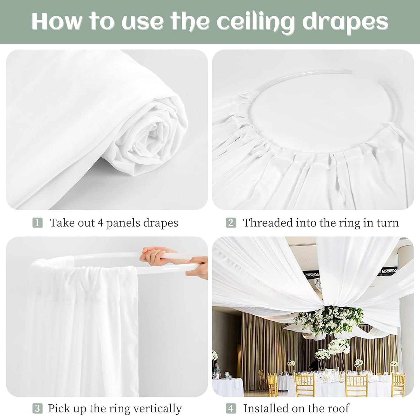 4 Panels White Wedding Ceiling Drapes 5ftx40ft Ceiling Drapes Chiffon Fabric Arch Draping Sheer Curtains Soft Drapery Draping Wedding Ceiling Decorations for Party Ceremony Stage Swag