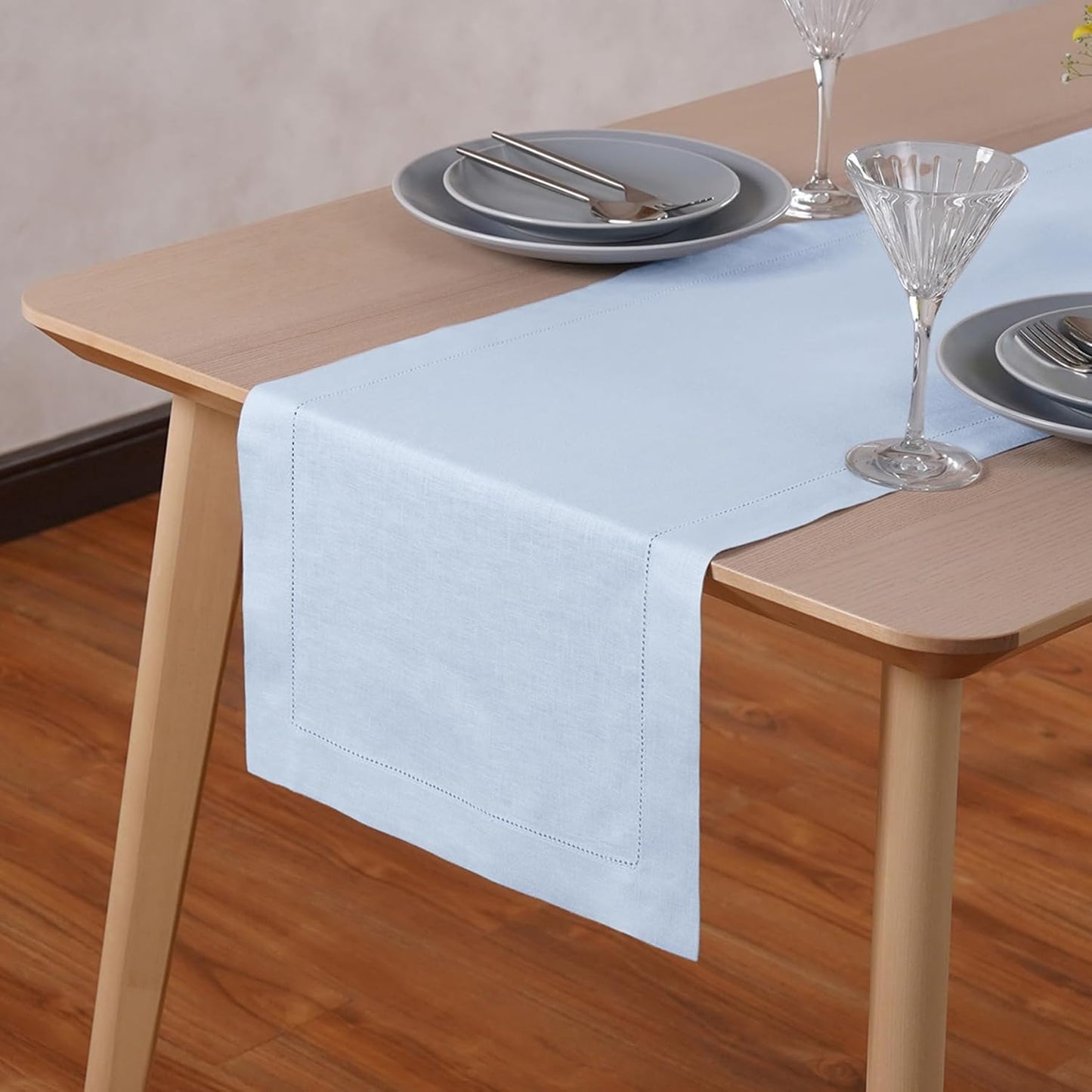 Light Blue Table Runner 72 inches Long – 100% Pure Linen Hemstitch 14 x 72 Inch Table Runner for Dining, Spring, Summer, Wedding Decorations, Gift – Elara