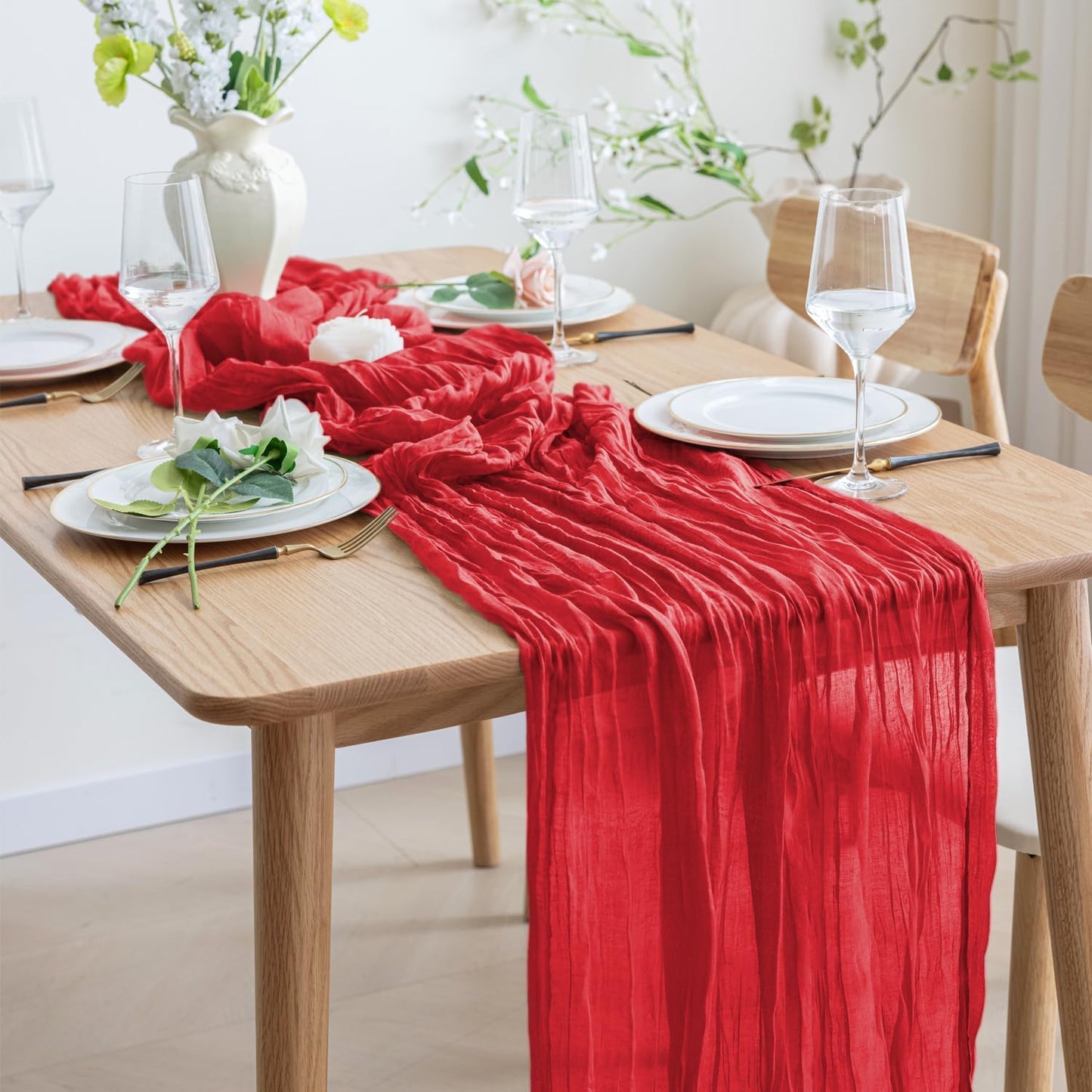 Asee'm 4PCS Fall Table Runner Cheesecloth 10FT Red Boho Gauze Fabric Rustic Sheer Cheese Cloth Runners for Thanksgiving Christmas Wedding Bridal Shower Party