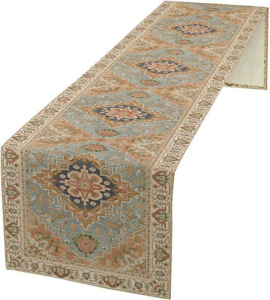 Vintage Boho Floral Table Runner, Rustic Country Farmhouse Grey Blue Orange Bohemia Flower Pattern for Home Kitchen Table Decor Dining Coffee Room Party Decor 13x36in
