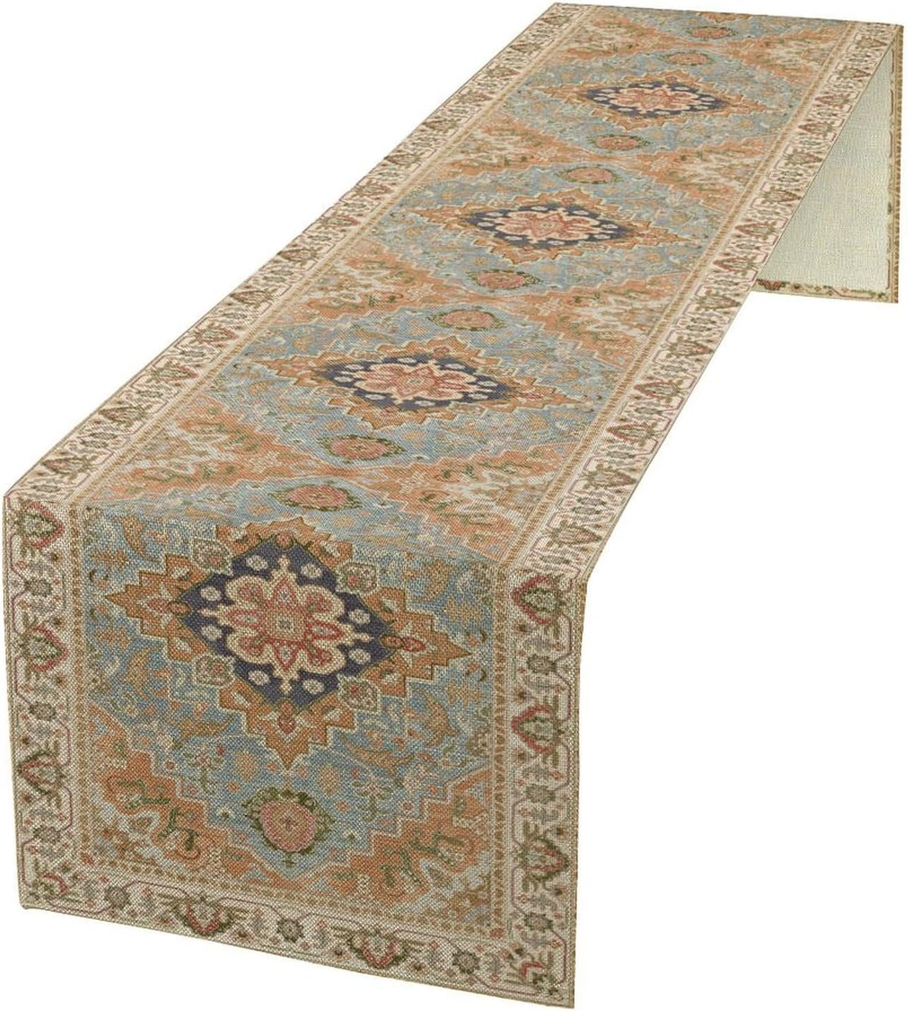 Vintage Boho Floral Table Runner, Rustic Country Farmhouse Grey Blue Orange Bohemia Flower Pattern for Home Kitchen Table Decor Dining Coffee Room Party Decor 13x60in