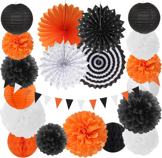 Orange-Black White Party-Decorations Paper-Flowers Lanterns - 20PCS Halloween Tissue Pom Poms Streamers Fans Honeycomb, Vintage Baby Shower Birthday Retro Bachelorette Hanging Supplies Decor Burgleda