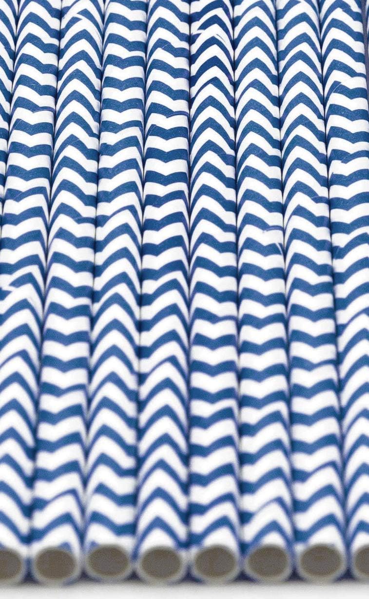 Pack of 150 Navy Blue Chevron Biodegradable 4-Ply Paper Drinking Straws (Compostable, Non-toxic, BPA-free)