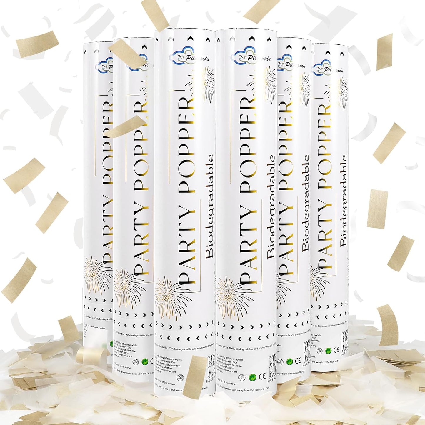 White Mix Gold Rice Confetti Cannon,6Pack Biodegradable Mulitcolor Confetti Poppers Party Shooters,12inch Party Poppers For Lawns Wedding,Birthday,Celebrations,Photo Shoots and New Years.