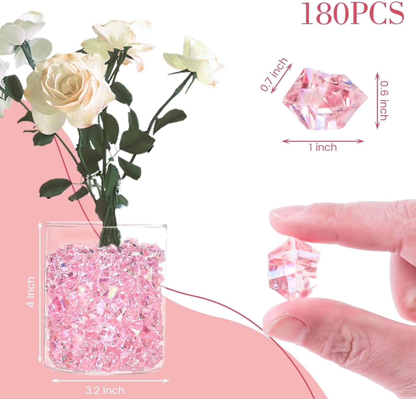 DomeStar Dazzling Pink Ice Rocks, 180PCS Holographic Acrylic Crushed Ice Sparkling Fake Diamonds Holographic Plastic Gems for Vases Fillers Table Scatter Decoration