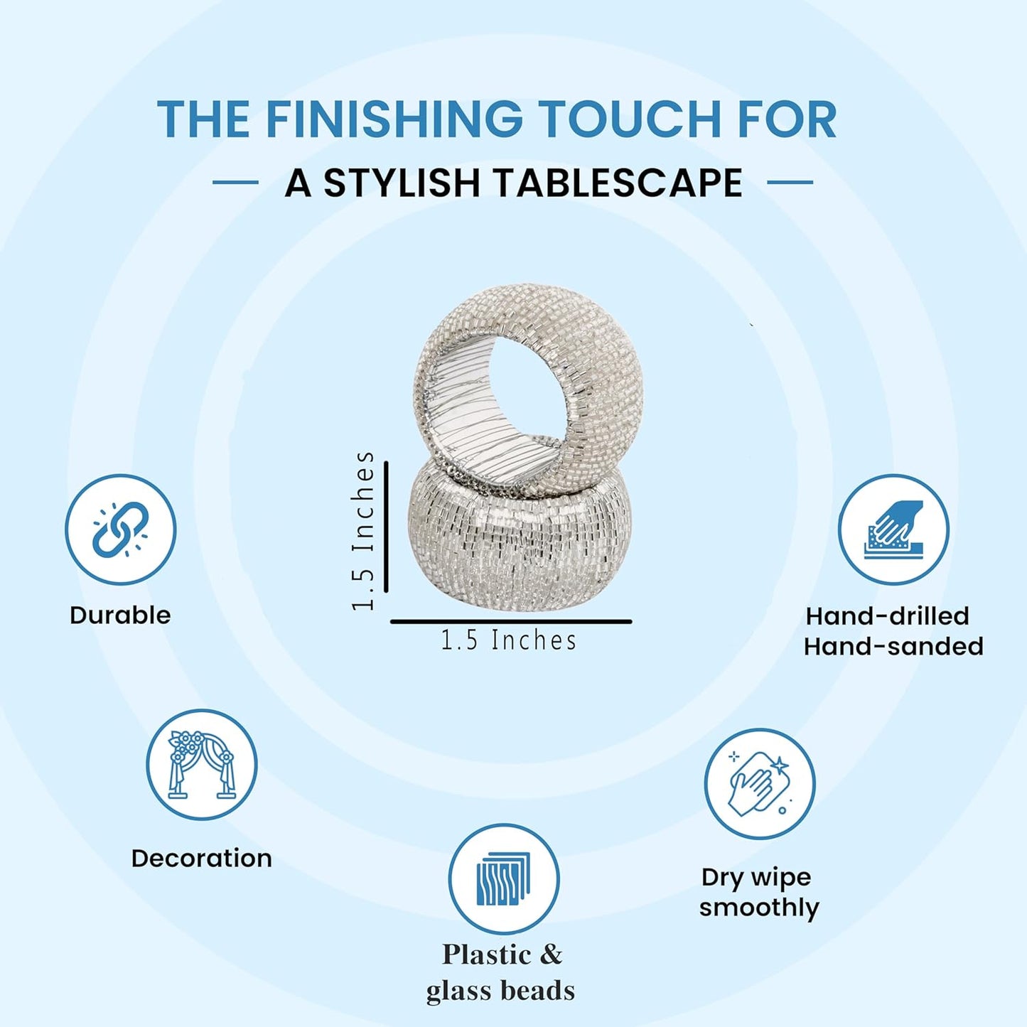 12 Pcs Beaded Napkin Rings - Rhinestone Napkin Buckles Glossy Napkin Bling Round Holders for Easter Holiday Wedding Banquet Home Party Dining Table Decoration (Silver) - CLEENTABLE