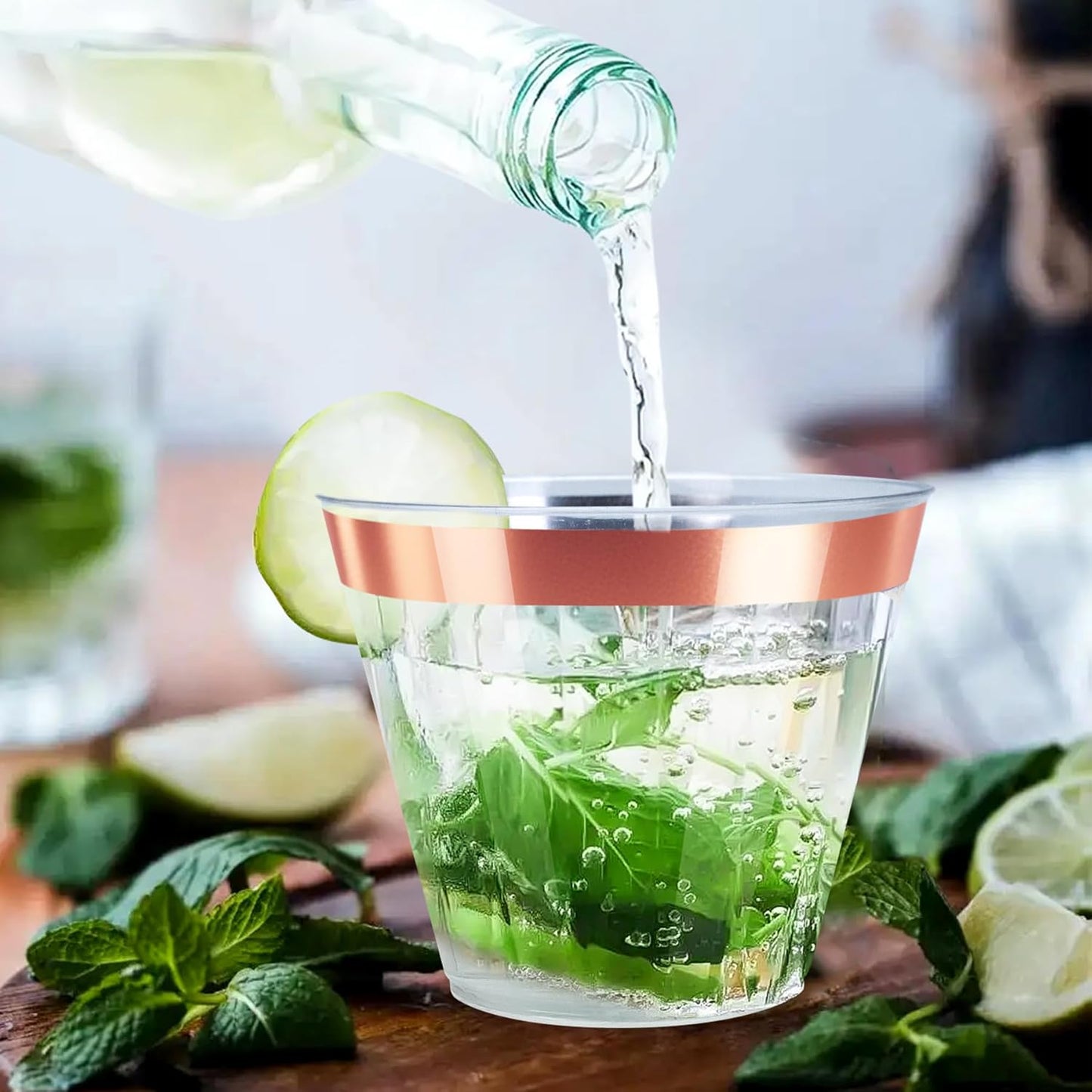 [200 Pack] 9oz Clear Plastic Cups with Rose Gold Rimmed Sturdy & Food Safe Disposable Wine Glasses Party Wedding Disposable Drinking Cups Plastic Cocktail Glasses for Wine, Juice & Cold Beverages